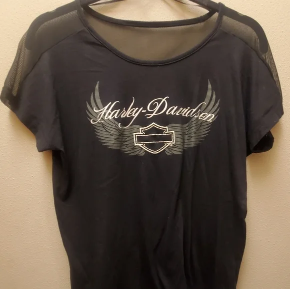 Ladies / Womens size M cap sleeve black Harley-Davidson top sheer on top back - Picture 9 of 10